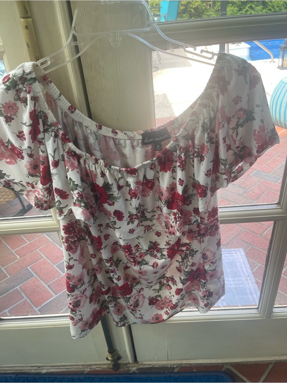 Chelsea & Violet White Off-Shoulder Floral Blouse with Red Pink Flowers